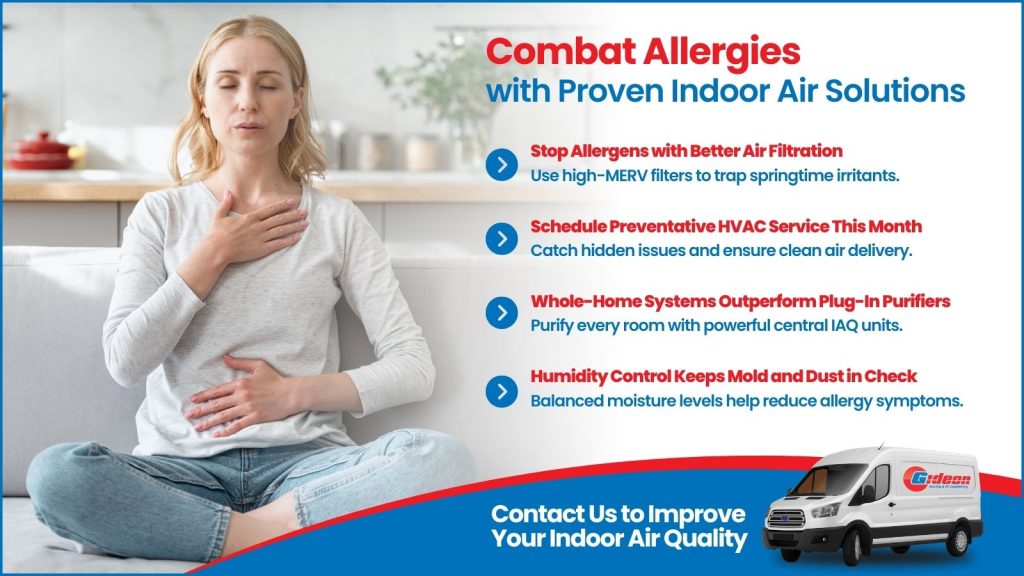 This is an image of a woman sitting on the couch, taking a deep breath. The headline reads combat allergies with proven indoor air solution.