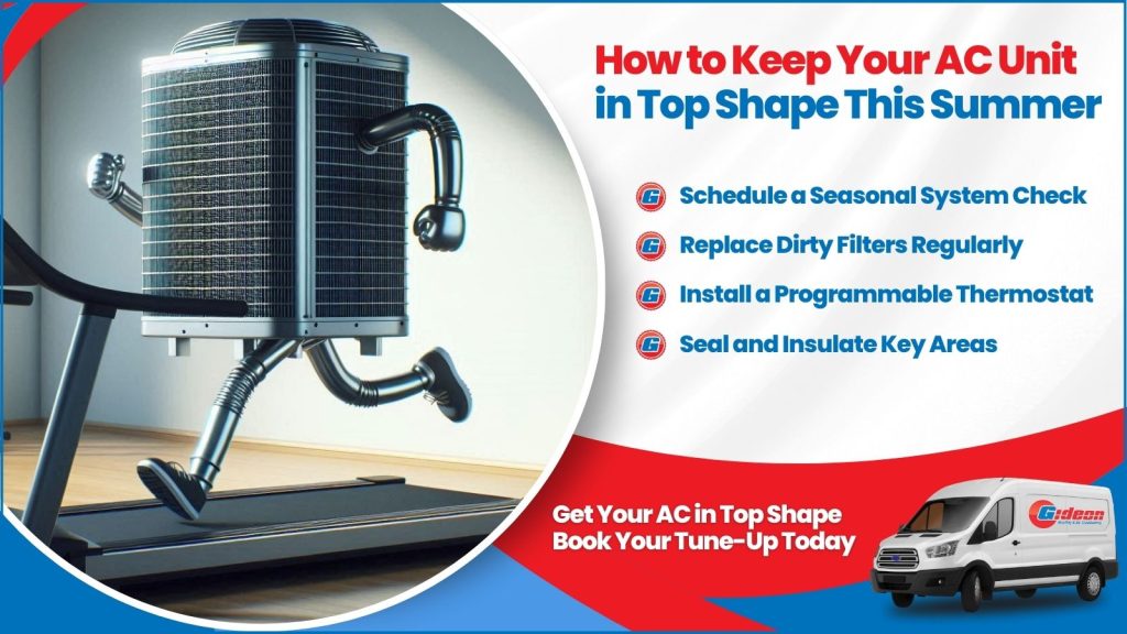 This is an image of a AC unit stylized as a human running on a treadmill. The headline reads how to keep your AC unit in top shape this summer.