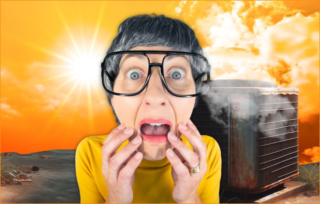 This is an image of a terrified woman in front of a smoking old AC unit for the blazing hot sun in the background.