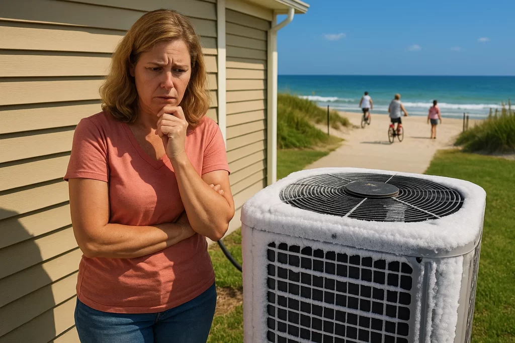A concerned women homeowner stands beside his house, gazing at his AC condenser unit covered in frost.