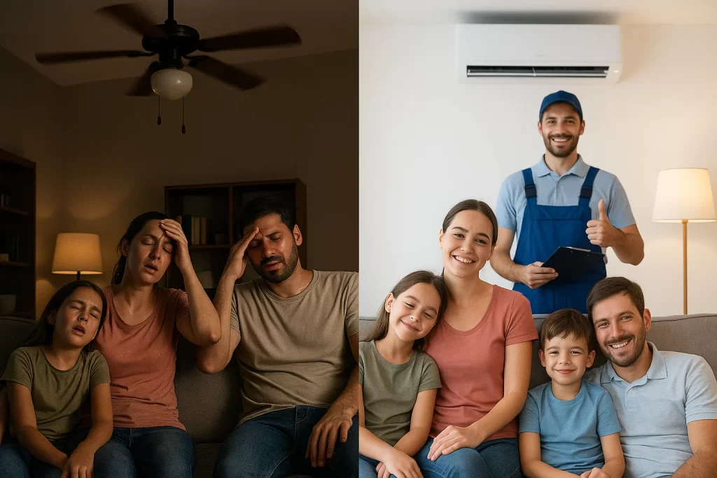 Before‑and‑after cooling comfort contrast with HVAC technician