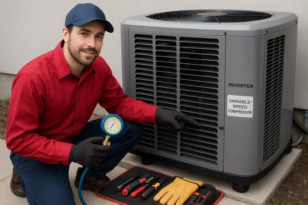 Technician inspecting inverter compressor on outdoor condenser unit