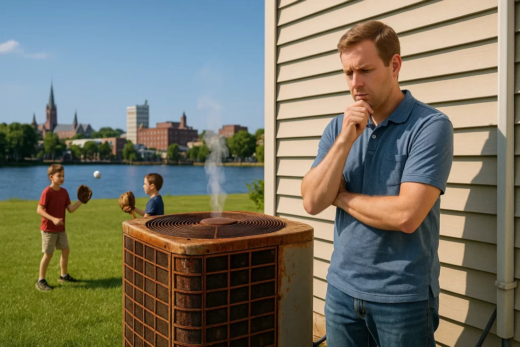 A concerned male homeowner stands beside his house, gazing at his AC condenser unit covered that looks very old and rusty. A slight bit of smoke rises from the top of the condenser unit.