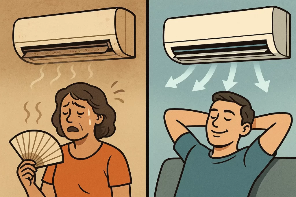 Split‑scene dusty AC vs serviced unit with cool airflow and relaxed homeowner