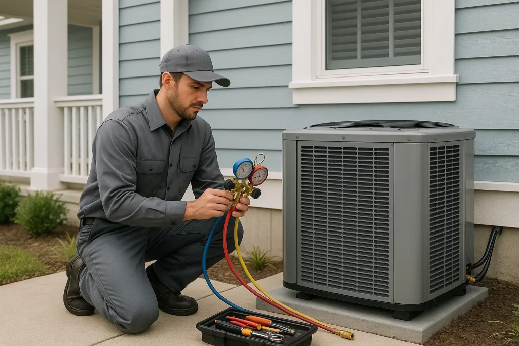Technician installing and testing outdoor AC condenser at Wilmington home