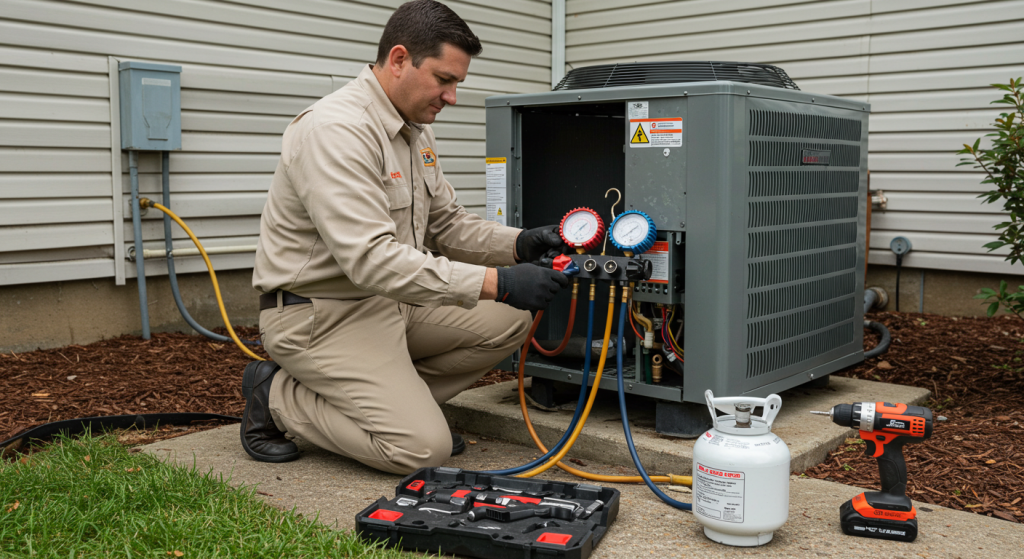 HVAC technician performing heat pump maintenance in North Carolina backyard.
