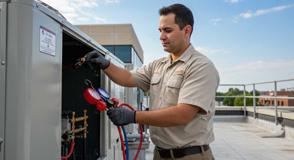 HVAC technician performing maintenance on rooftop commercial unit in North Carolina.
