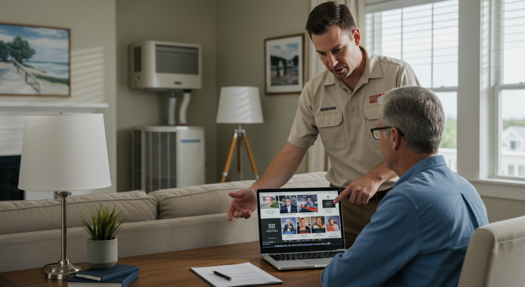 Homeowner consulting with HVAC technician about choosing the right AC installation company in North Carolina.