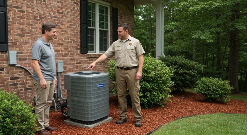Homeowner reviewing new AC installation with technician at Wallace NC home