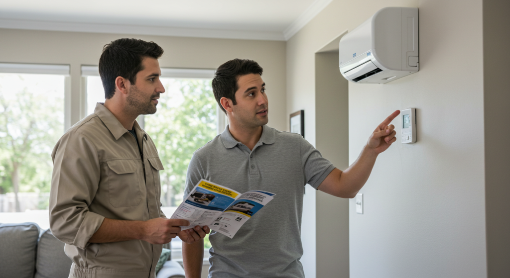 Homeowner consulting with HVAC technician about new air conditioning unit installation