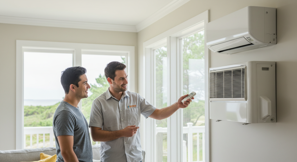 Homeowner learning about new ductless AC system from technician in North Carolina home.