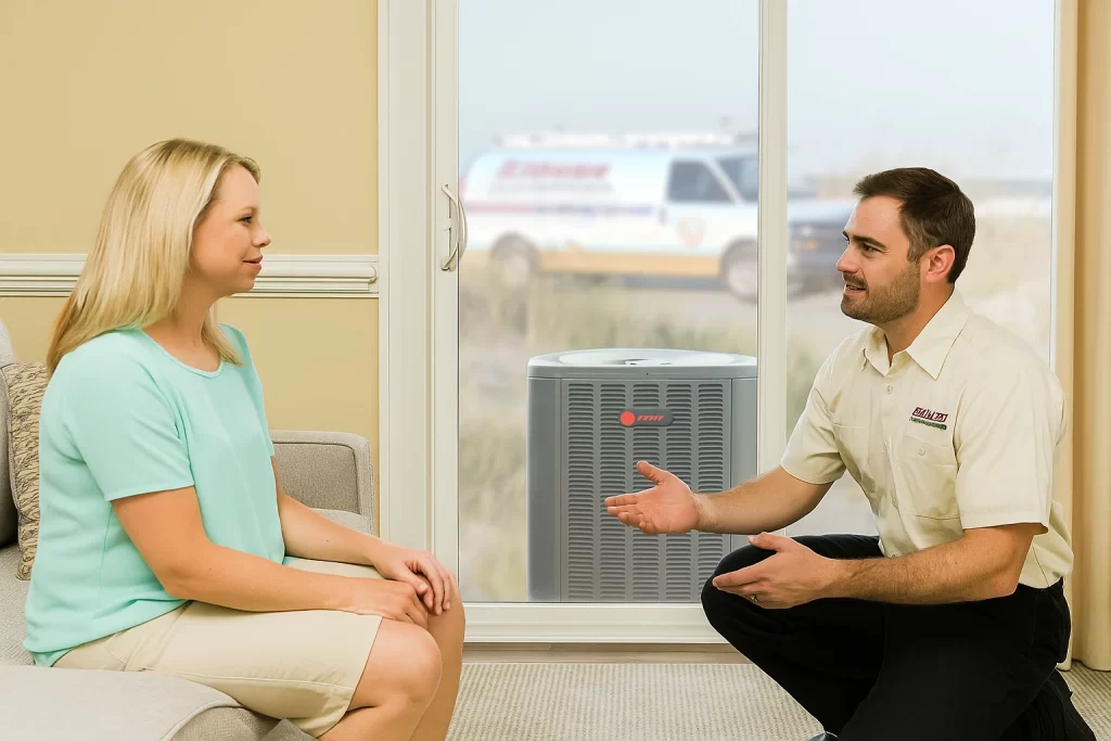 Homeowner and technician discuss AC upgrade in Surf City living room