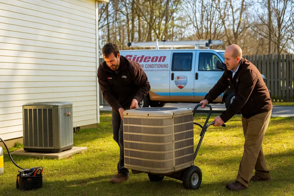 Two Technicians removes old AC condenser unit from Wallace home during summer upgrade