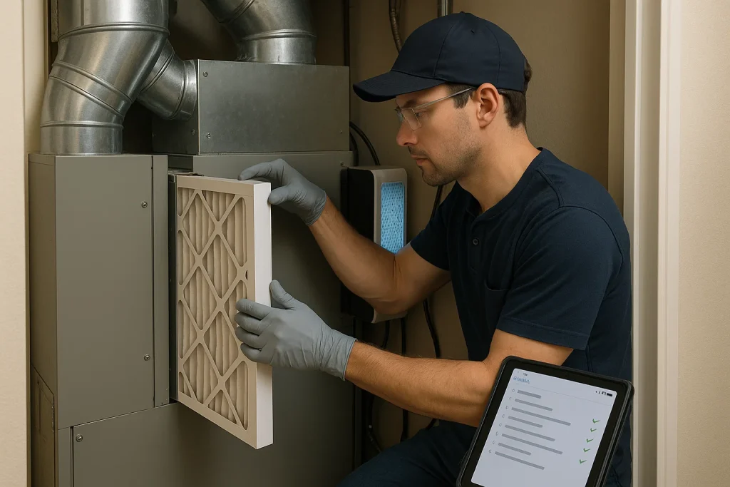 Technician installs whole-home air filter during IAQ system maintenance