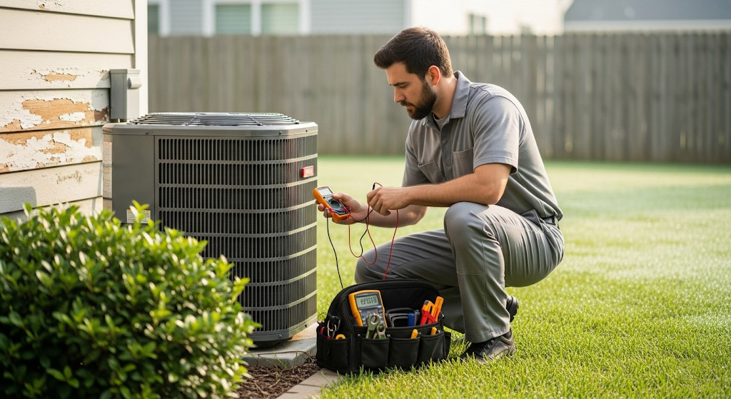Technician inspects outdoor AC unit in Wilmington backyard with multimeter