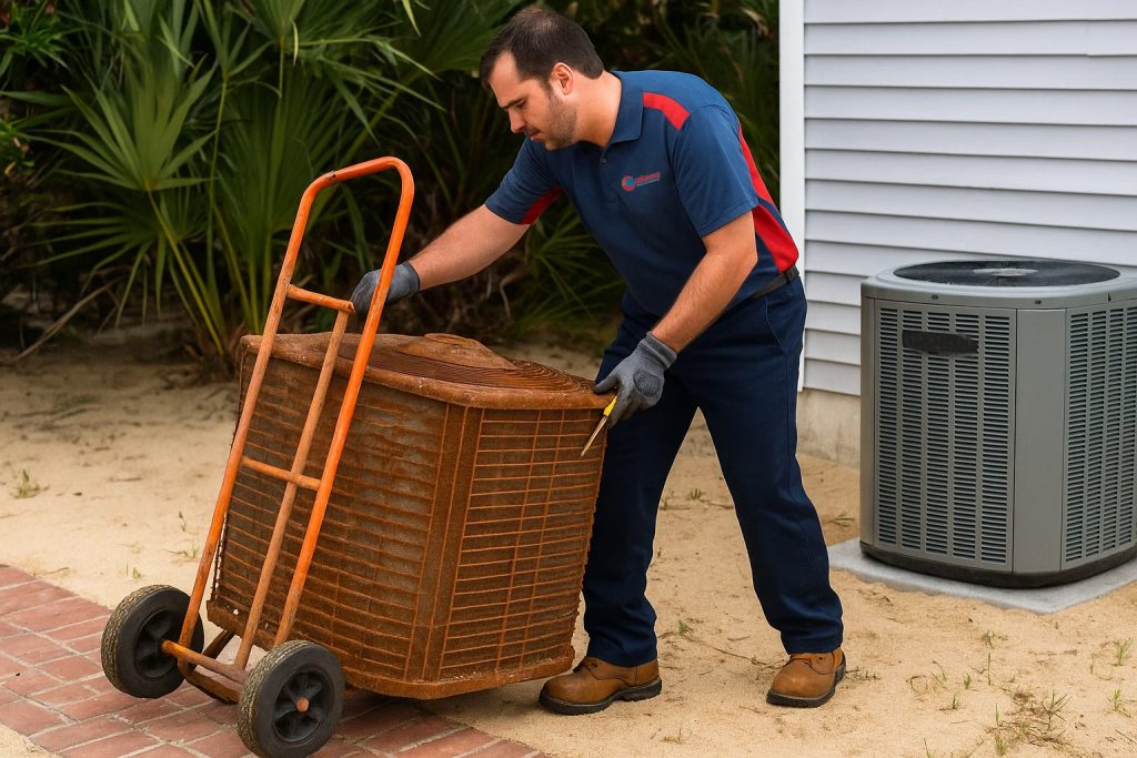  Technician removing old condenser unit near coastal Surf City home