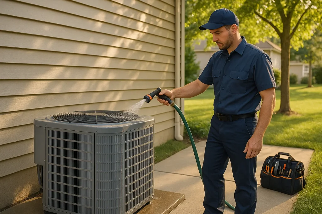 Close-up of clean AC condenser unit with clear surrounding area
