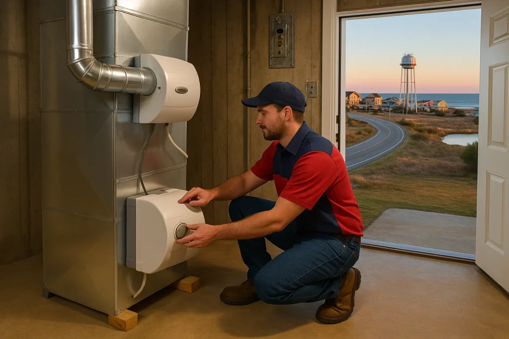An HVAC technician servicing a whole home dehumidifier