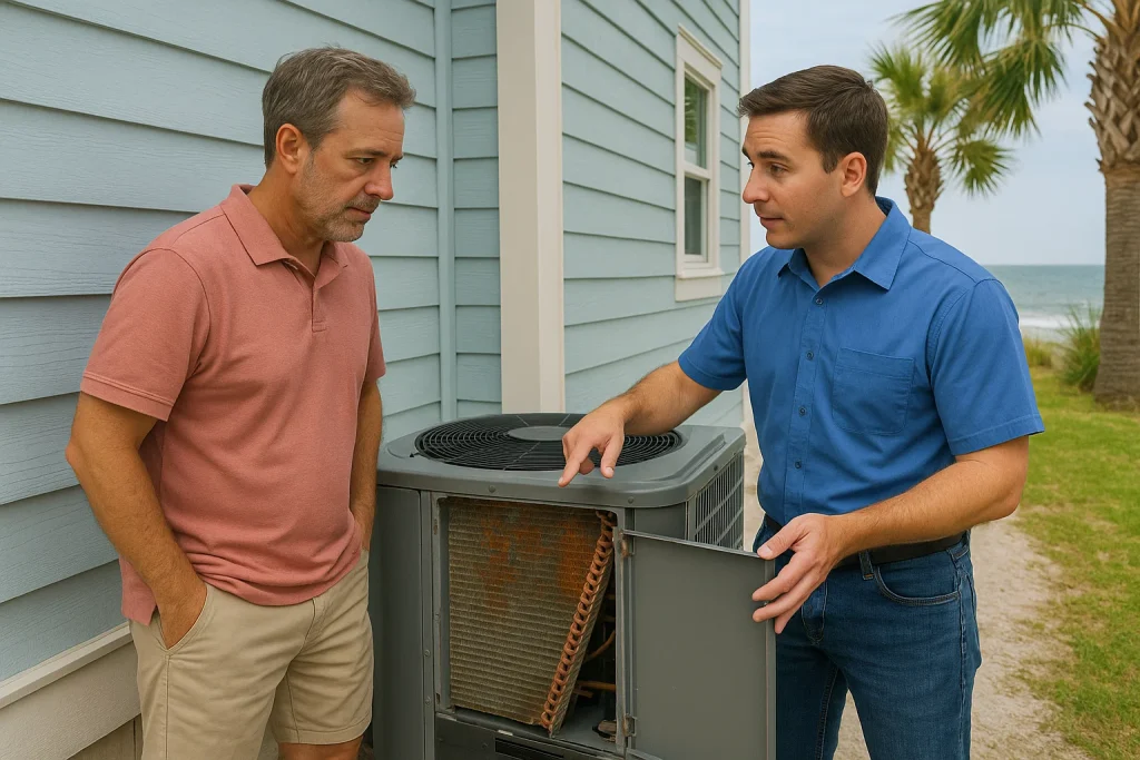 Homeowner learning how coastal air affects HVAC equipment from technician in Wilmington