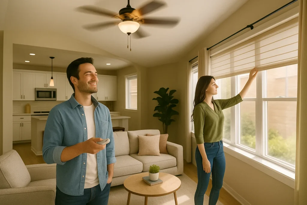 Wallace home shows summer heat control with blinds, fan, and reflective window film