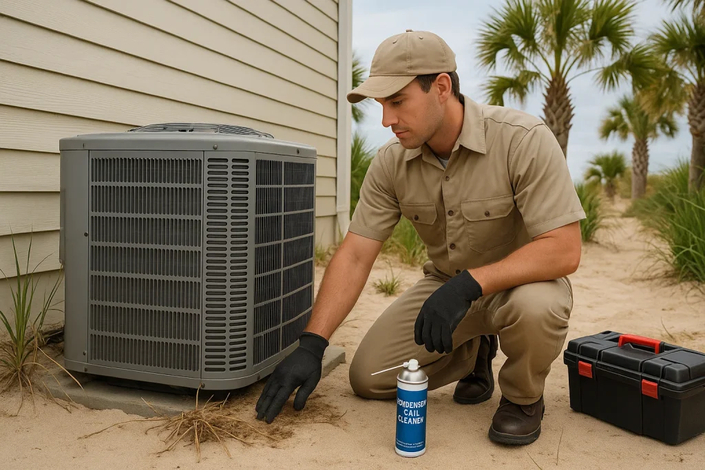 Technician clearing debris from outdoor AC unit near beachside Surf City house.
