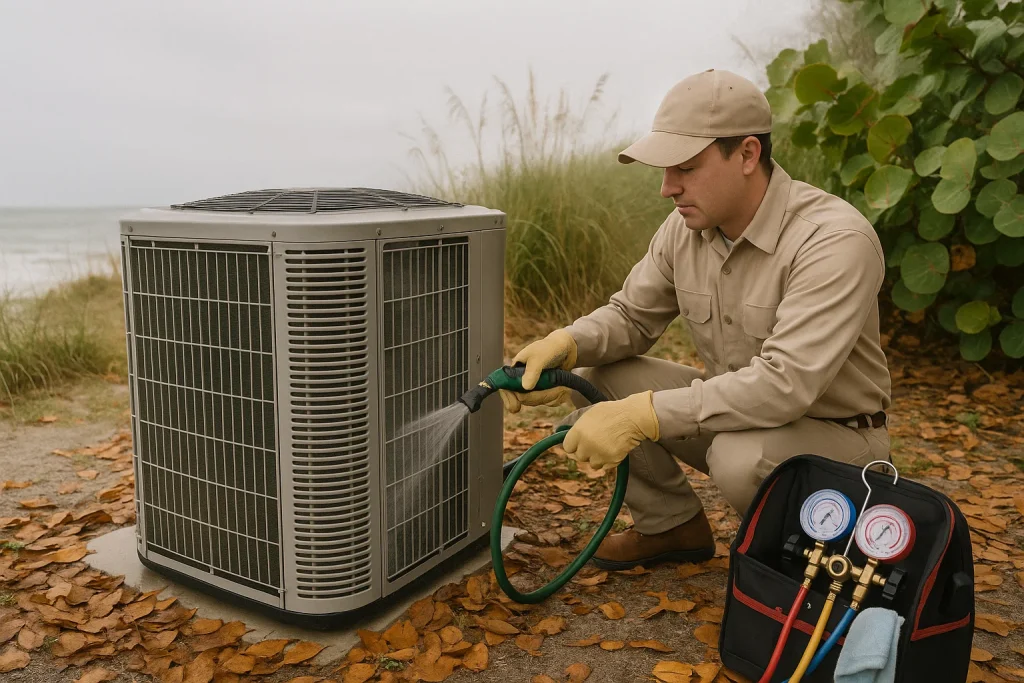 Technician cleaning outdoor condenser unit amid coastal fall debris in Wilmington