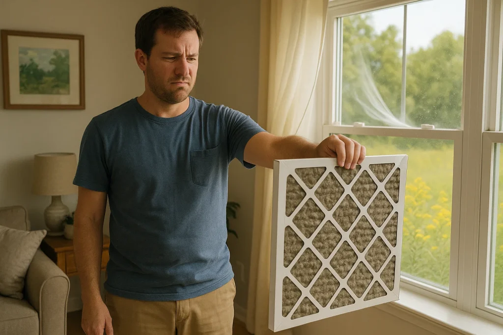 Homeowner examining pollen-loaded air filter in Wallace NC living room