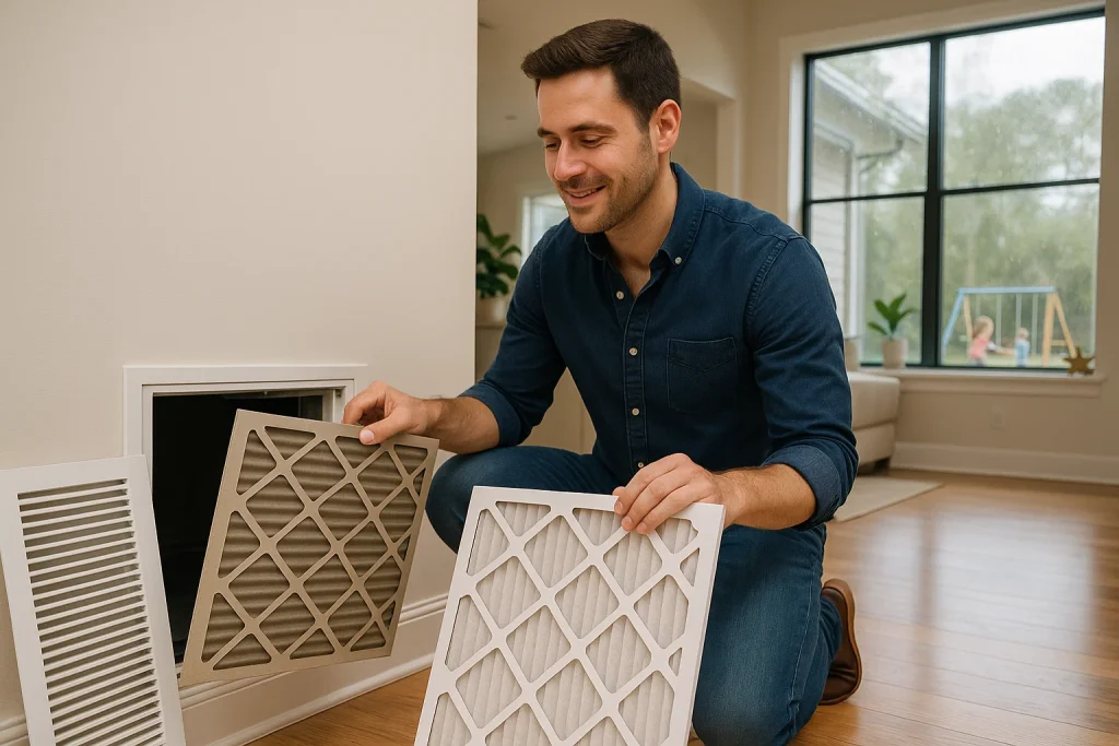 Homeowner replacing dusty air filter indoors before winter season