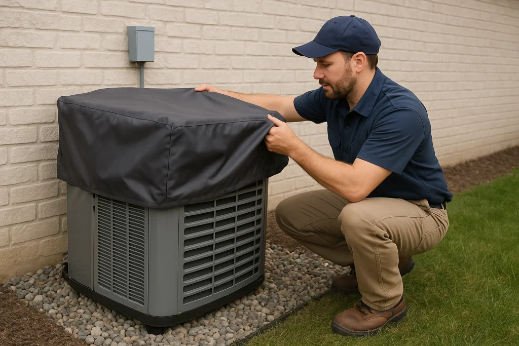 An HVAC tech covering up an AC condenser unit for winter.