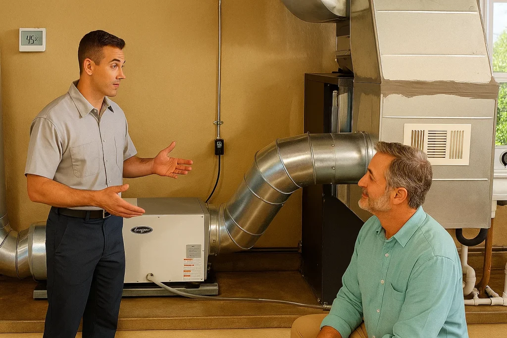 Technician installing whole-home dehumidifier in Wilmington home with humidity monitor