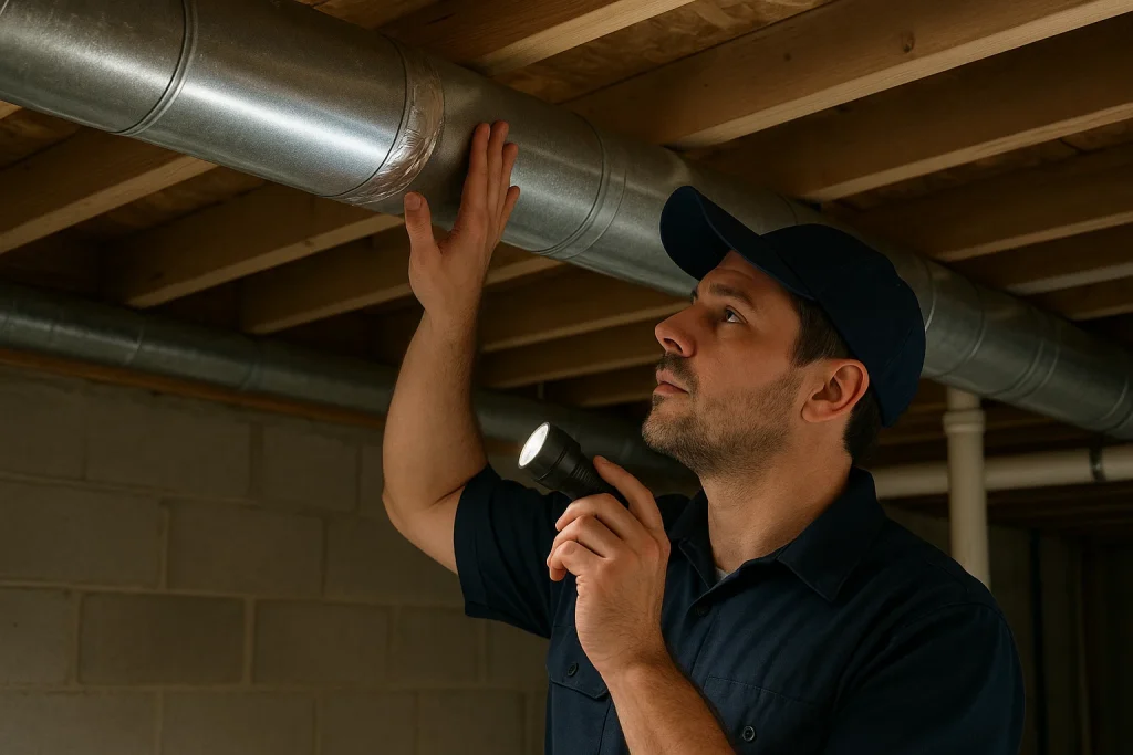 Technician check the duct work for leaks in Surf City on September maintenance call