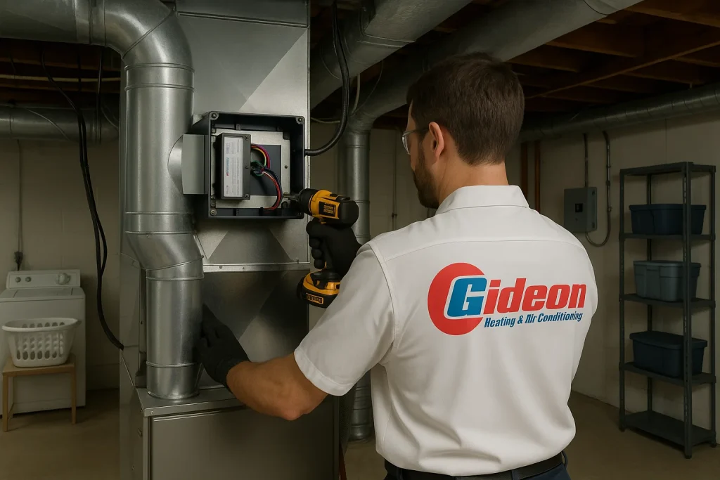 Technician installs HVAC air filtration module inside duct system
