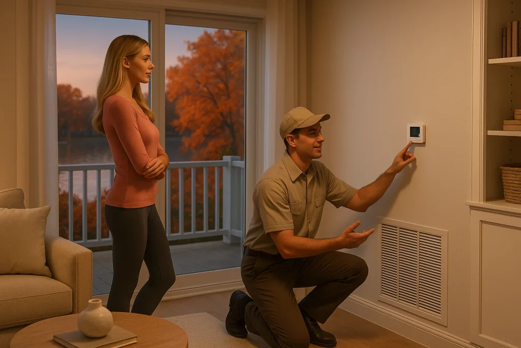 homeowner and technician discussing thermostat and air return in fall living room