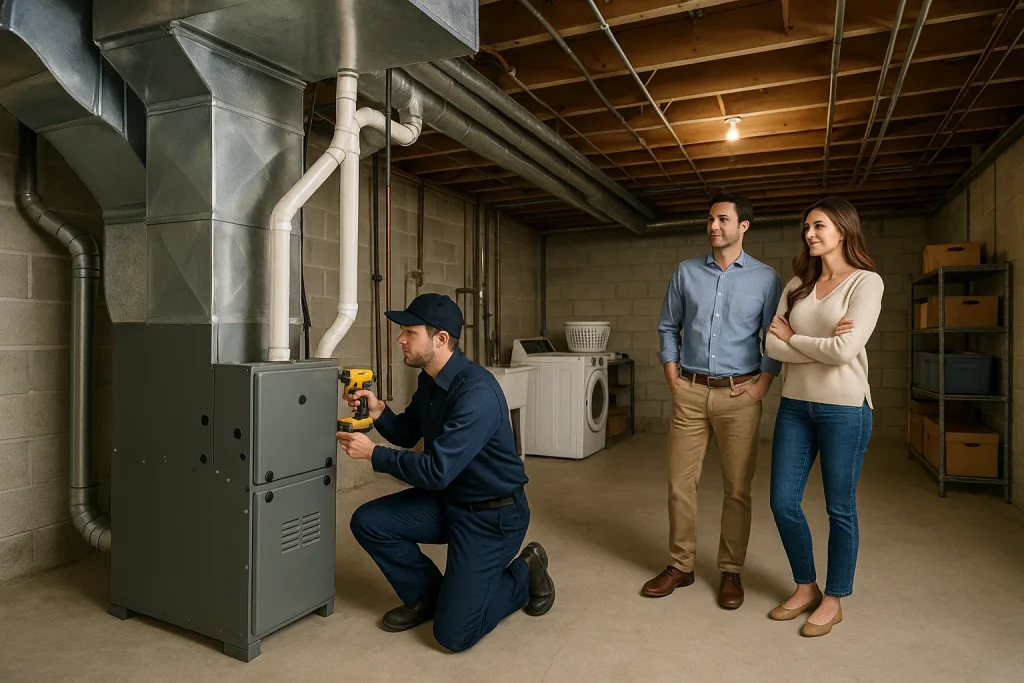 An image of a husband and wife, watching an HVAC technician install a new furnace in their basement.