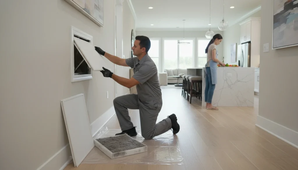 An HVAC technician changing a heat exchange air filter while the homeowner fixes dinner in the kitchen.