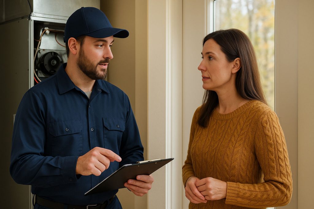 North Carolina homeowner receiving HVAC tune‑up explanation from technician
