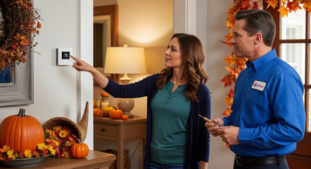 A homeowner showing an HVAC technician their thermostat. The thermostat is in a hallway and reads 70. The home behind them is well-lit and tastefully decorated with Thanksgiving decor.