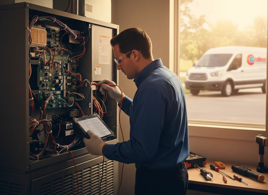 Technician checking AC air handler wiring and components during winter maintenance.