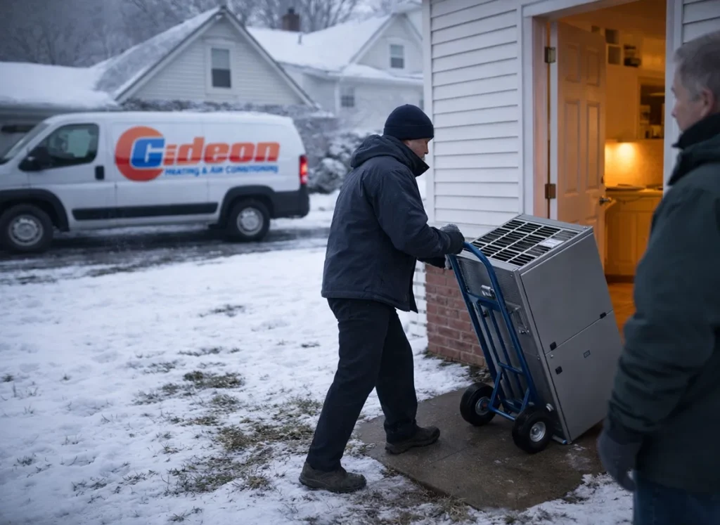 HVAC technician carrying new high‑efficiency furnace toward an Ohio home’s basement on a snowy January morning.