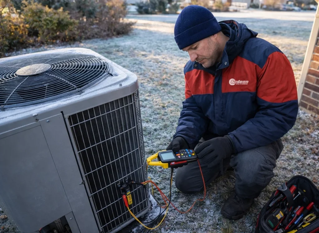 HVAC technician in cold-weather gear performing winter AC maintenance on an outdoor condenser unit with tools and checklist during a January inspection in Wilmington, NC.