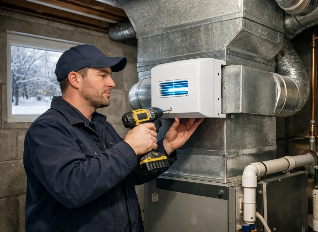An HVAC tech installing a whole home air filtration system.