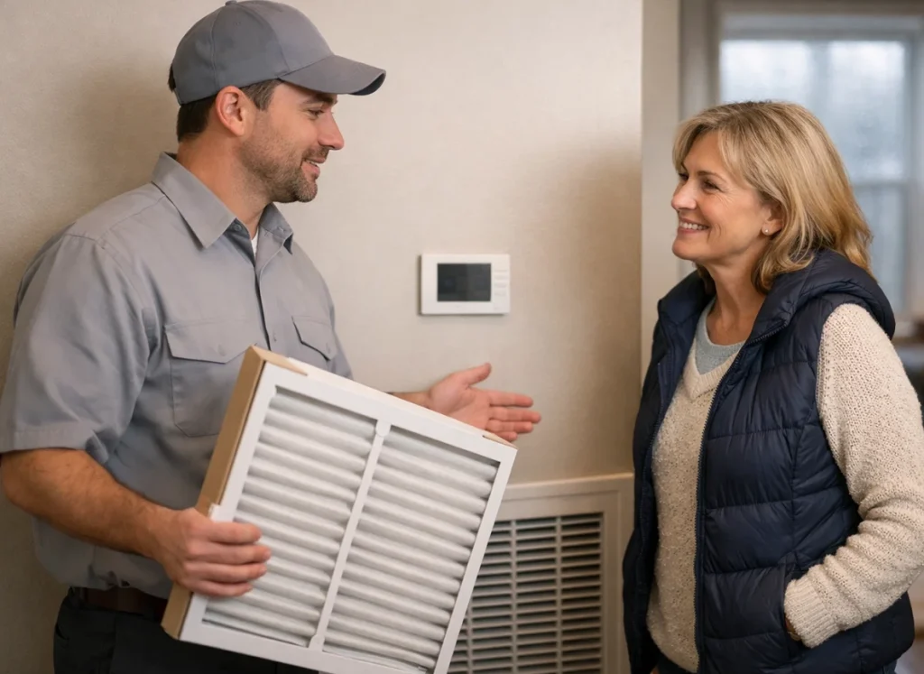 HVAC technician explains February maintenance to homeowner in Wallace NC