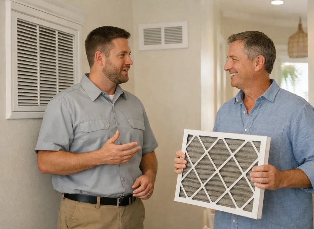 HVAC technician explains indoor air quality and humidity to homeowner in Surf City NC