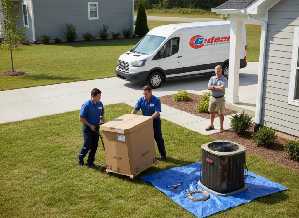 To getting HVAC technicians delivering a new AC condenser unit while the homeowner looks excited.
