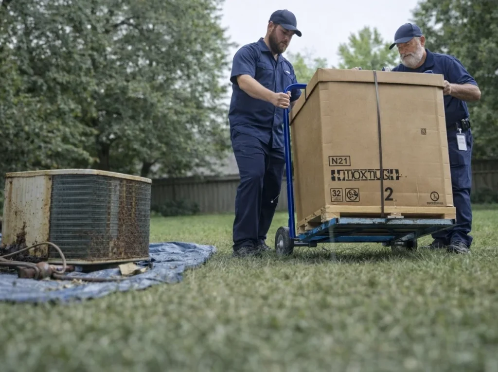 Two HVAC technicians delivering a new AC unit