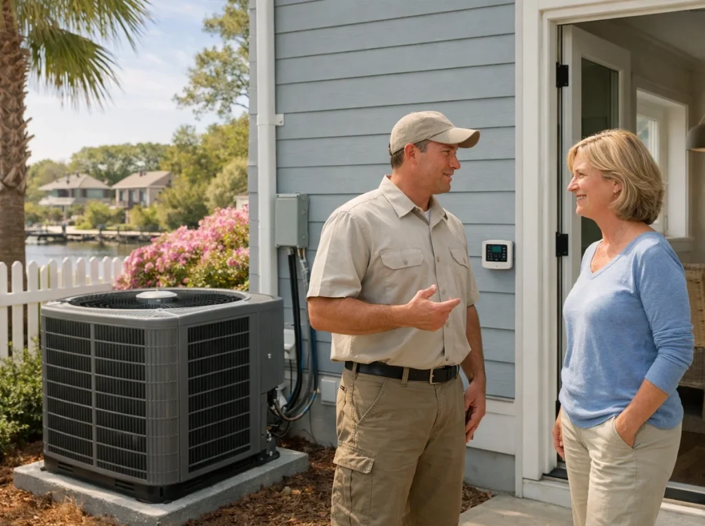 Wilmington homeowner reviewing new AC installation with technician