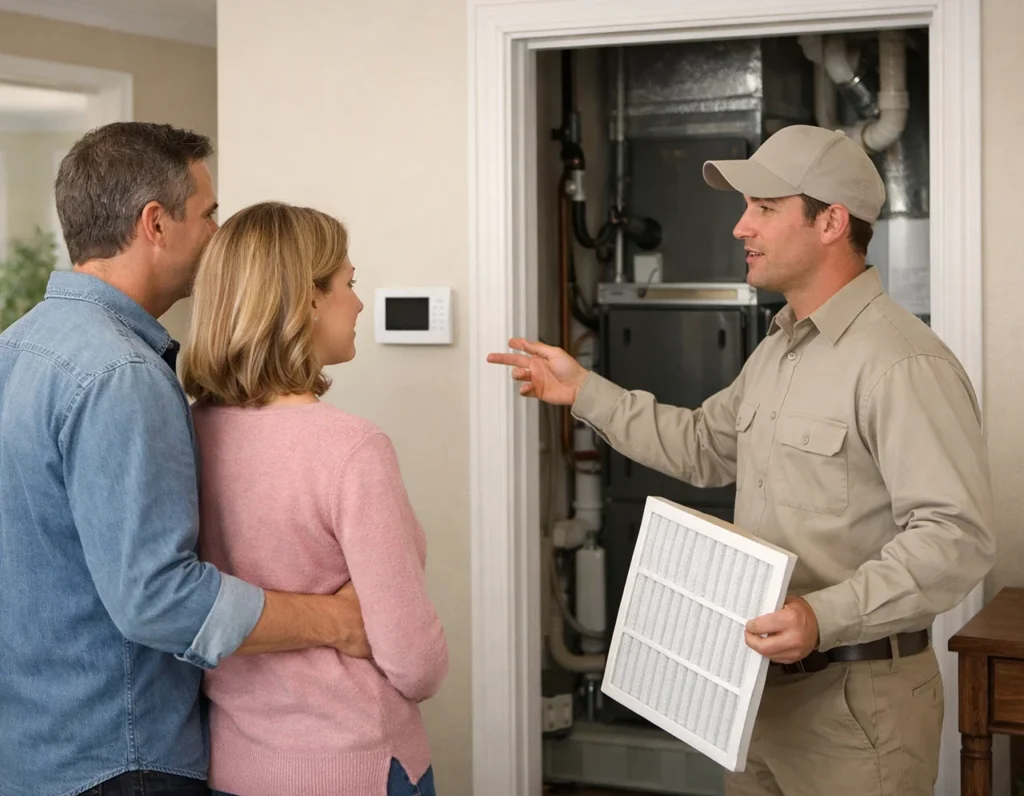 HVAC technician explaining March heating maintenance to homeowners