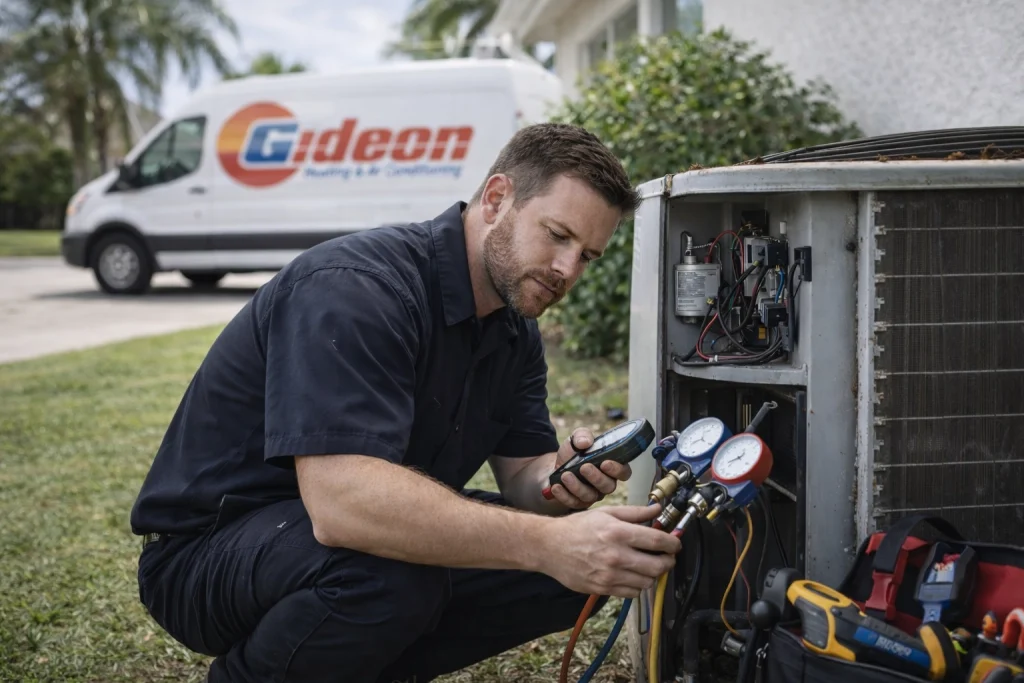 HVAC technician inspecting aging outdoor AC system in Florida home