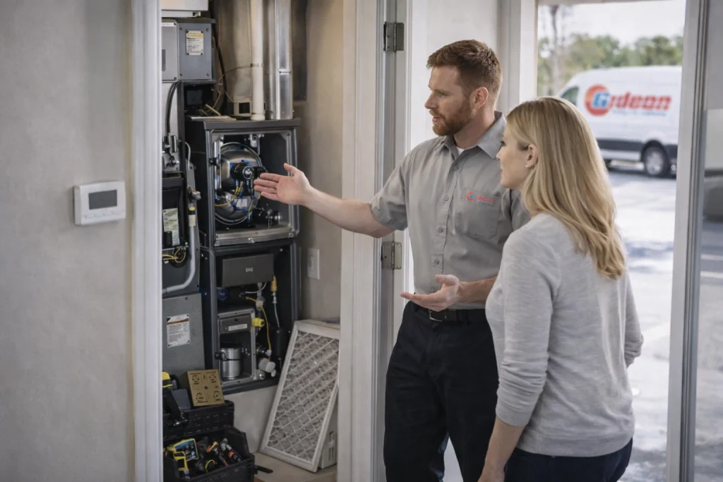Wilmington homeowner reviewing end-of-season heating maintenance with technician
