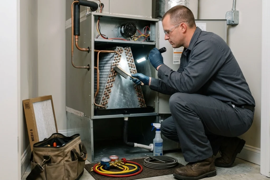 HVAC technician cleaning AC evaporator coils